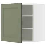 Green kitchen cabinet with door open, showing 2 shelves.
