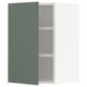 A greenish-grey METOD kitchen cabinet with two shelves and adjustable shelves. Its a modern, rectangular, wall-mounted design with a matte finish.