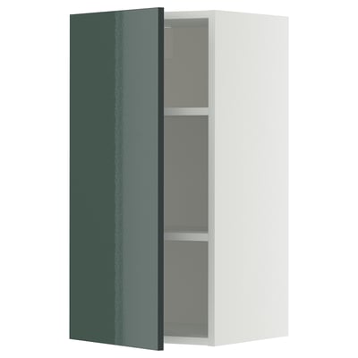 Modern kitchen cabinet, METOD series, high-gloss grey-green color, rectangular shape, sleek design.