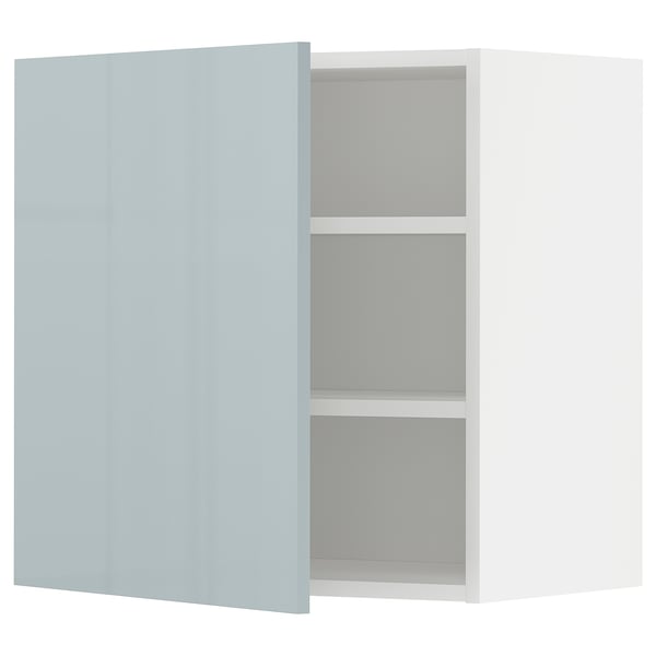 Modern grey-blue kitchen cabinet with open door showing shelves.