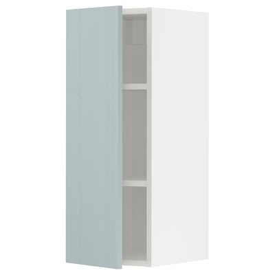 A high-gloss grey-blue kitchen cabinet with two shelves.