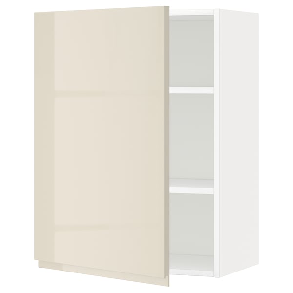 Modern kitchen cabinet, white w/beige door, glossy finish, adjustable shelf.