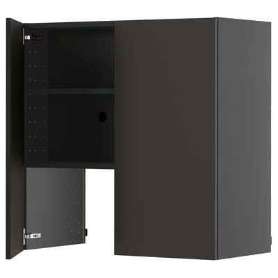 Black METOD kitchen cabinet with matt nickebo fronts, square shape, two opening doors revealing adjustable shelves inside.