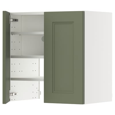 Open green cabinet with adjustable shelves, part of METOD system with axstad fronts.