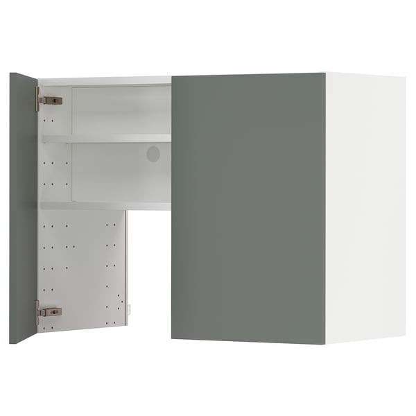 Modern kitchen cabinet set in grey-green with adjustable shelves, metal hinges, and a sleek design.