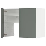 Modern kitchen cabinet set in grey-green with adjustable shelves, metal hinges, and a sleek design.