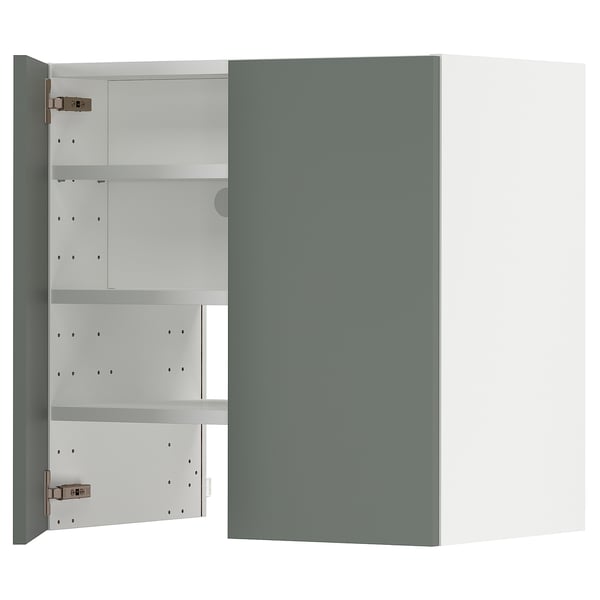 Displays a METOD kitchen cabinet in matte grey-green, featuring adjustable shelves.