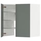 Displays a METOD kitchen cabinet in matte grey-green, featuring adjustable shelves.