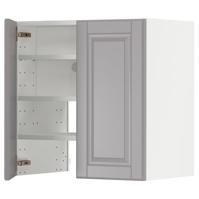 A grey METOD kitchen cabinet with an open door, revealing adjustable shelves.