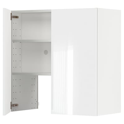 White METOD kitchen cabinet with high gloss finish and adjustable shelves.