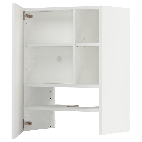 White modern kitchen cabinet, glossy finish, square shape with adjustable shelves, minimalist design.