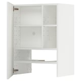 White modern kitchen cabinet, glossy finish, square shape with adjustable shelves, minimalist design.