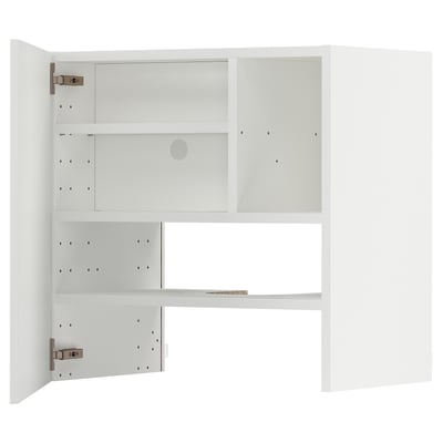 A white METOD kitchen cabinet with one door open, revealing inner shelves.