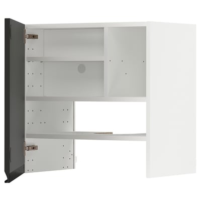 Modern white cabinet with open door, three shelves, gray back.