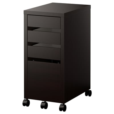 Black MICKE mobile filing cabinet with four drawers on wheels, sleek and modern design for office use.