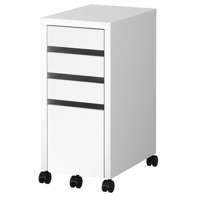 MICKE mobile drawer unit with 3 black-handled drawers and castors.