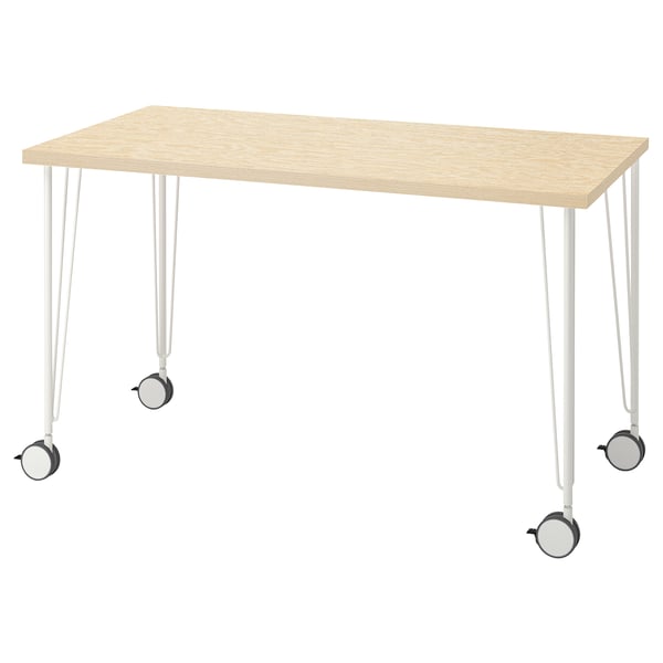 MITTCIRKEL desk: light wood top, metal legs with wheels, modern minimalist design.