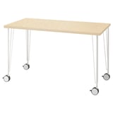 MITTCIRKEL desk: light wood top, metal legs with wheels, modern minimalist design.