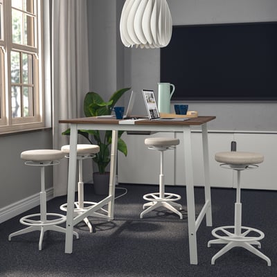 MITTZON high conference table with 4 stools, wooden top, white metal legs, designed for sitting or standing, with footrest support.