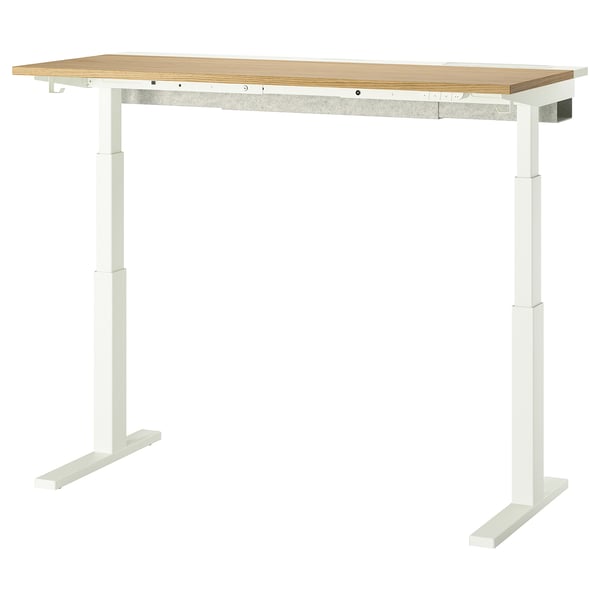 White MITTZON sit-stand desk with wooden top, two legs, and electric height adjustment.