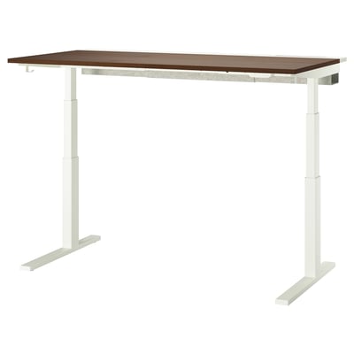 MITTZON sit-stand desk: white legs, brown top, adjustable height, minimalist design.