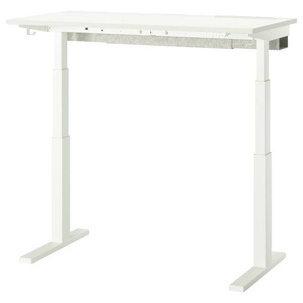 MITTZON adjustable white desk, sleek modern design, raised edges, white metal legs, manual height adjustment, light-colored top.
