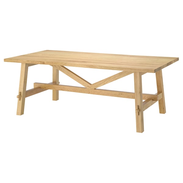 MÖCKELBY light wood rectangular dining table with sturdy farmhouse legs.