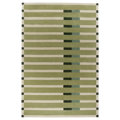 MOSKITGRÄS rug: hand-tufted, multicolored stripes. Soft wool, rectangular shape, varied pile heights.