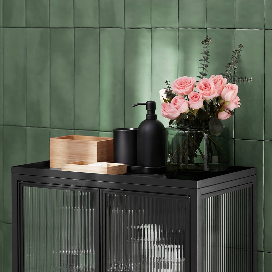 MOSSJÖN Glassdoor with 2 doors, anthracite, 60x34x146 cm