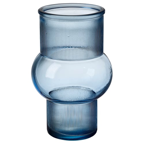 A blue recycled glass vase named MYRMOSAIK, showcasing a unique, bubbled texture and varying colour tones.