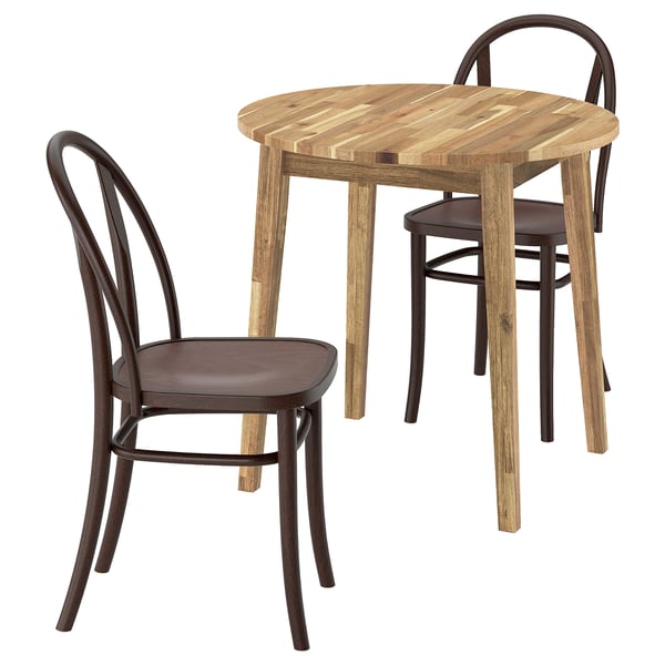A NACKANÄS set with a round wooden table and two brown chairs with a curved backrest design.