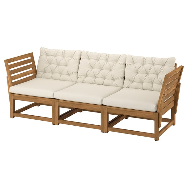 NÄMMARÖ outdoor sofa, beige cushions, light brown acacia wood, slatted design.