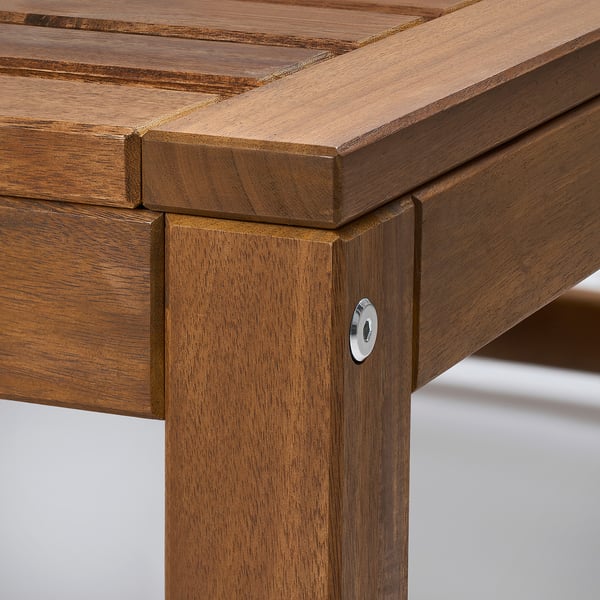 Close-up: durable wooden table with smooth, even finish and sleek metal fastener, showcasing high-quality craftsmanship.