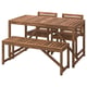 Option: NÄMMARÖ outdoor set: brown acacia wood dining table, 4 chairs, and 1 bench with slatted design.