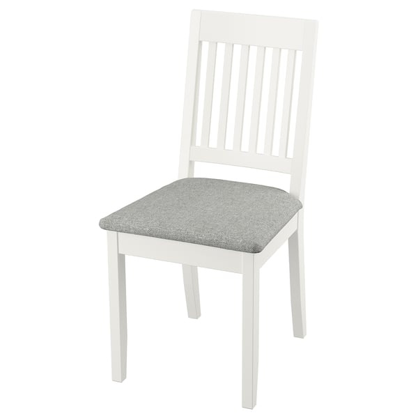 White NÄSINGE dining chair with grey cushion, slatted back, square seat, and four slender legs.