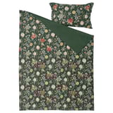 Näselklocka bedding set: dark green floral pattern & solid reverse. Cotton-viscose blend for comfort. Includes duvet & pillowcases.