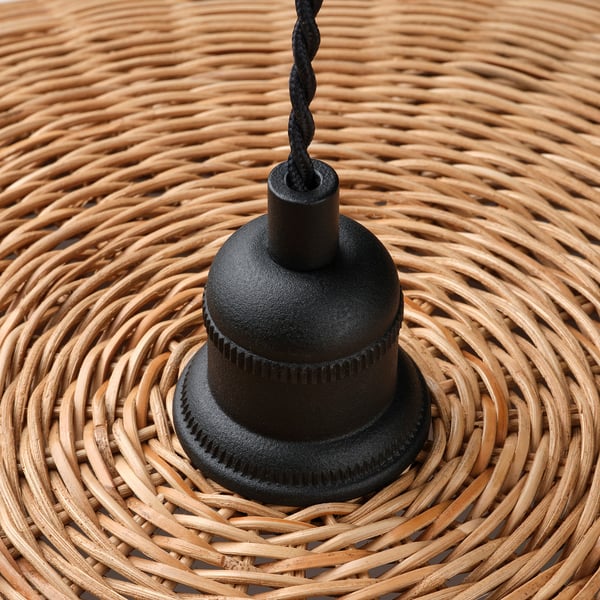 Black metal ceiling lamp with woven texture background. Modern design with woven pattern base.