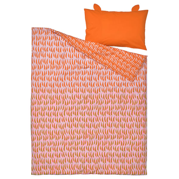 Orange tiger-patterned kids bedding set, including duvet cover and pillowcase, made from cotton and polyester blend.