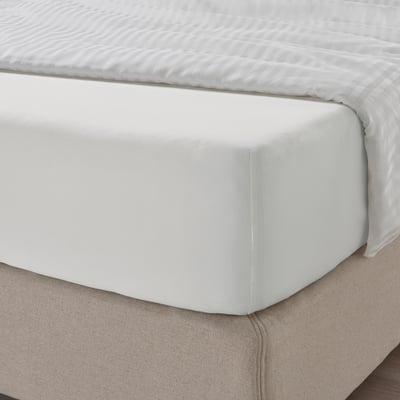 NATTJASMIN white bedsheet: soft, sateen-woven, cotton/lyocell, fitted, elastic edges.