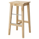 A NILSOLLE stool. Its light wood-colored with a square seat and four supporting legs. It a metal footrest.