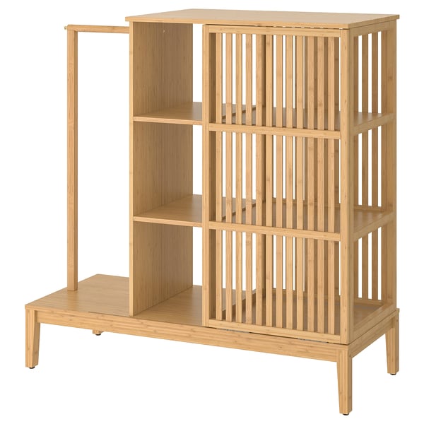 The NORDKISA wardrobe in light brown bamboo, featuring open shelving and a classic scandinavian design.