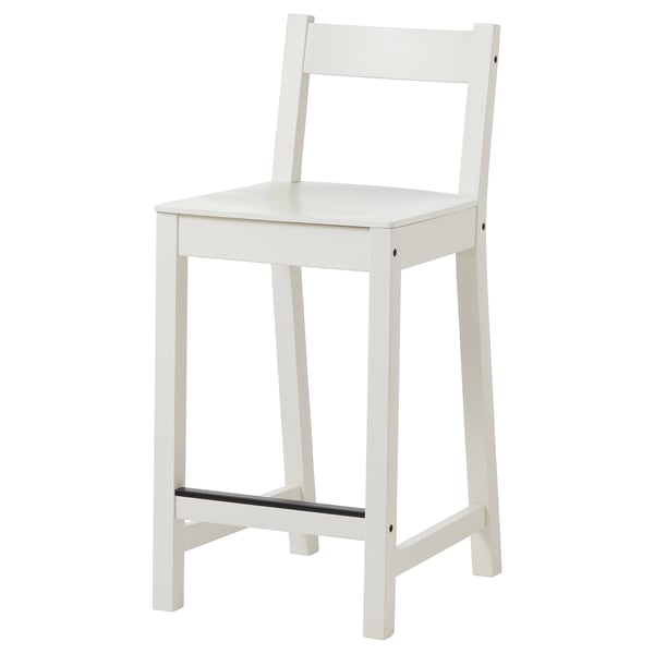 A white NORDVIKEN counter-height stool with a curved backrest and seat indent, made of solid pine and veneer.
