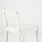 Modern white wooden stool, sturdy & comfy, curved back, ideal for kitchen island.