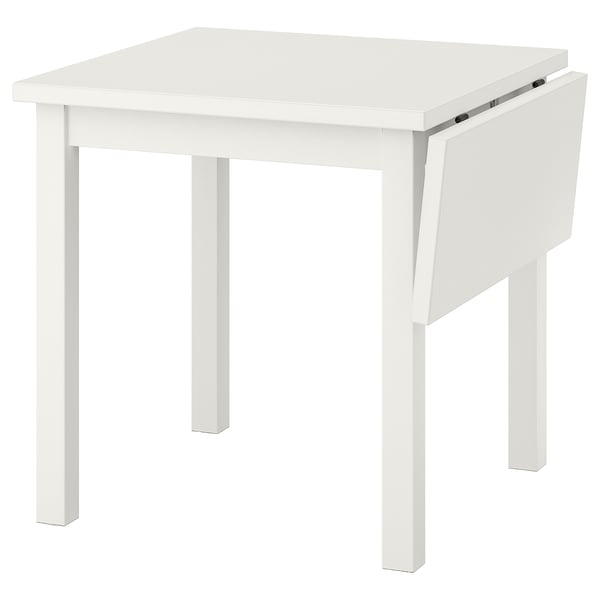 White wooden NORDVIKEN drop-leaf table, square, with sturdy legs and foldable leaf.