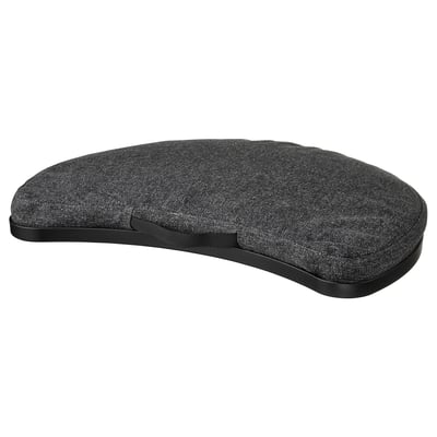 Black portable laptop support with cushion, round shape, textured surface, handle for easy carry.