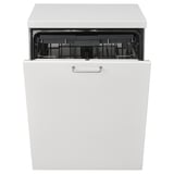 White dishwasher open, showing racks and handle.