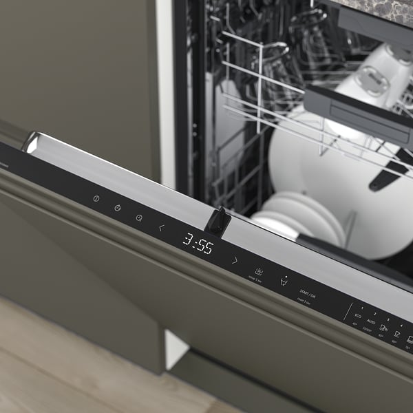 Digital dishwasher at 3:55 with control panel.