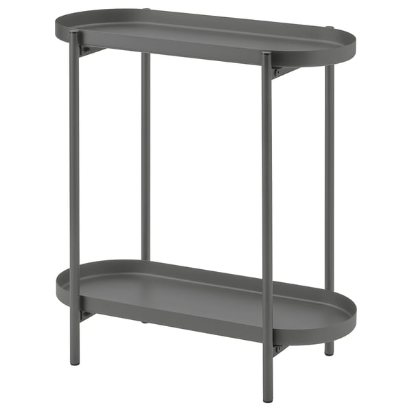 Dark gray metal plant stand with two rounded shelves.