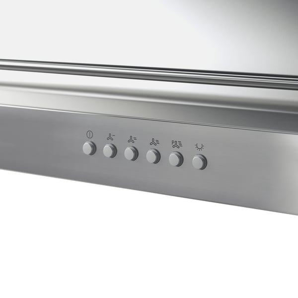 Stainless steel kitchen hood with touch controls and led lights for efficient cooking fume extraction.
