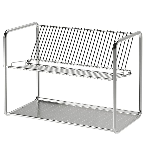 An ORDNING stainless-steel dish drainer with two-tiered racks. Silver, durable, rectangular, with handles and perforated bottom.